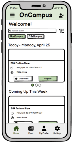 Home screen of OnCampus App wireframe